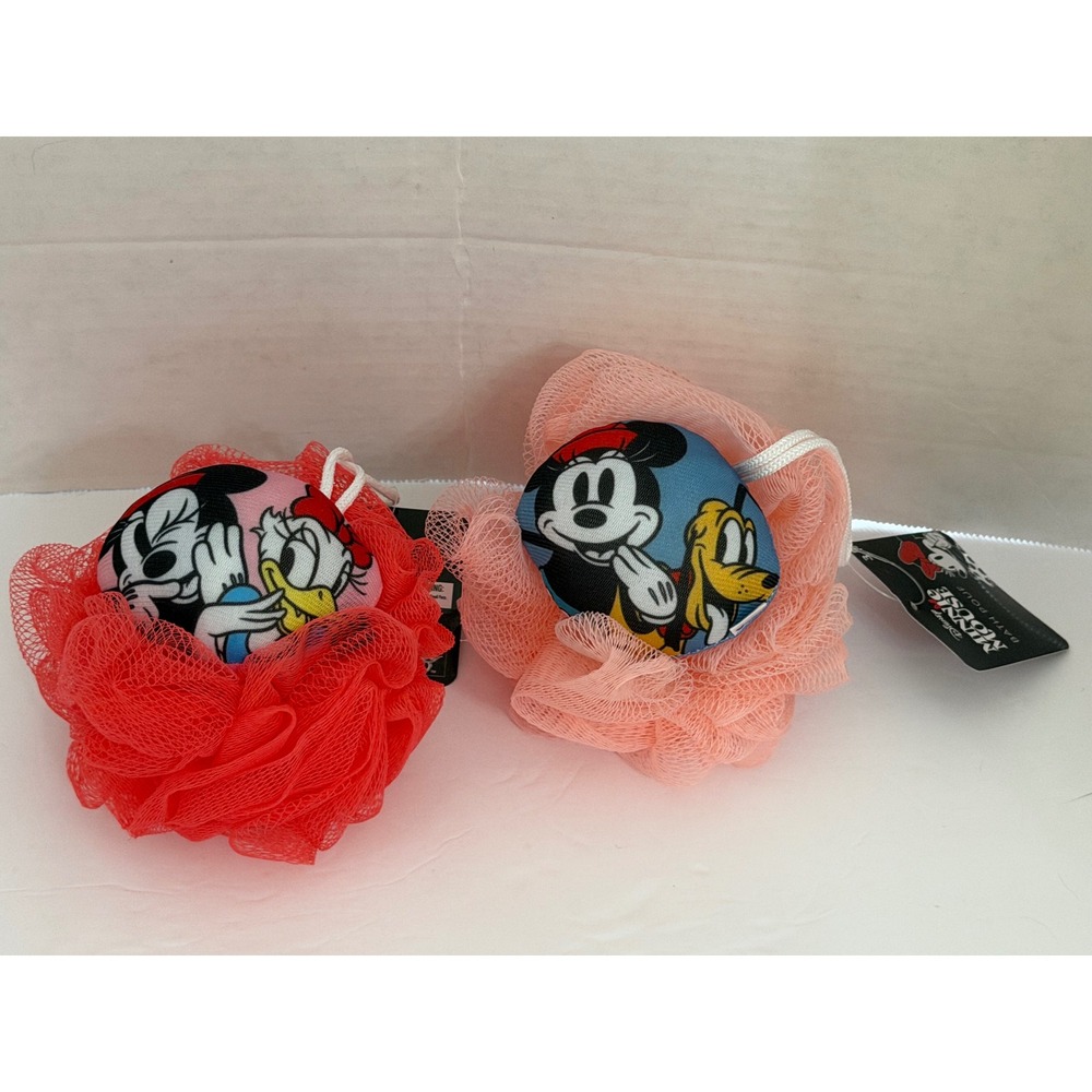Disney Minnie Mouse Bath Pouf Set Red Pink Daisy Duck Pluto Loofah 2 Pack NEW